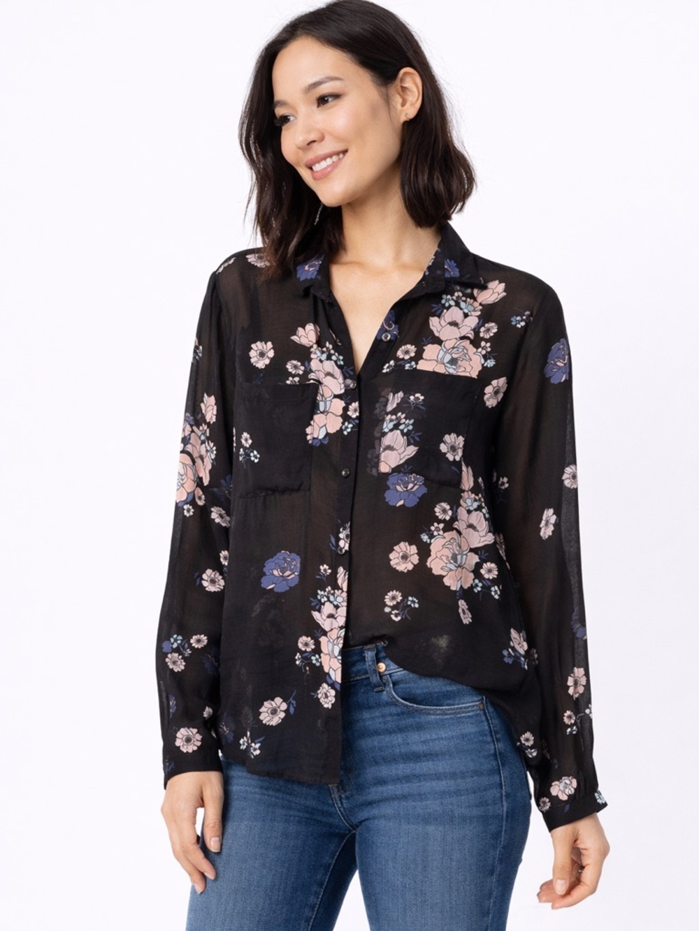 Cloth & Stone for Anthropologie Tavira Sheer Floral Button Down Blouse Medium